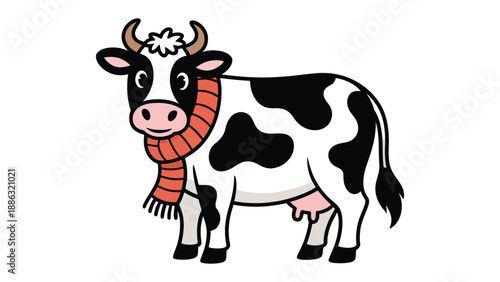 Smiling cow with Scarf: A cartoon cow, adorned with a vibrant scarf, radiates warmth and friendliness, with a charming smile and a playful spirit.