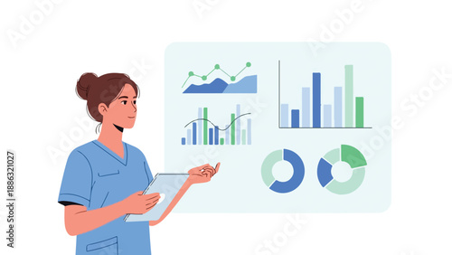 A nurse presents a graph on a tablet with various charts and graphs in the background, conveying a professional and analytical mood.