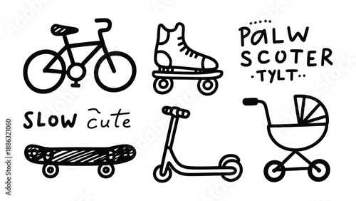 Vehicles Icon Set: This image features six different modes of transportation drawn in a minimalist, iconographic style, including a bicycle, roller skate, skateboard, scooter, and a stroller.