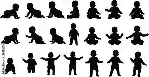 Silhouettes of babies in multiple poses including crawling, sitting, and standing, illustrating infant movement, growth, early development, and childhood stages in a detailed vector design