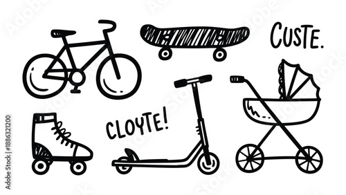 Wheeled transport icon: Featuring hand-drawn outline icons of bicycle, skateboard, roller skate, scooter, and stroller, capturing essential aspects of mobility, playfulness, and convenience. 