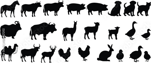 Silhouettes of diverse domestic and farm animals including pets, livestock, poultry, and wildlife isolated on white background for agriculture, veterinary, and educational design concepts