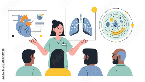 A female nurse presents medical information to a group of people in a bright, educational setting with anatomical diagrams.