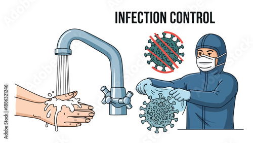 A healthcare nurse demonstrates proper hand washing technique under running water to prevent infection control with a cartoon virus in the background.