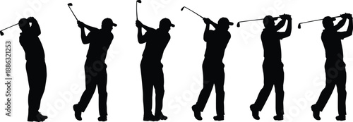 Silhouettes of golfer performing full golf swing sequence with club, illustrating sports technique, athletic motion, and professional golfing activity in clean vector design