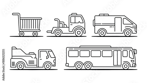 Collection of Transport Vehicles: A set of five different transport vehicles captured in clean, minimalist line art, illustrating the variety of transport. 