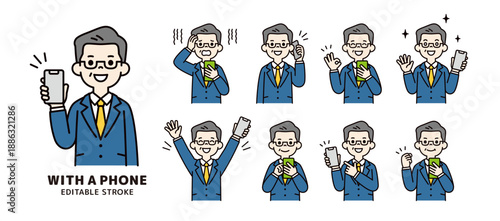 スマートフォンを持つ社長・上司・経営者の、様々な表情・ポーズのベクターイラスト素材セット