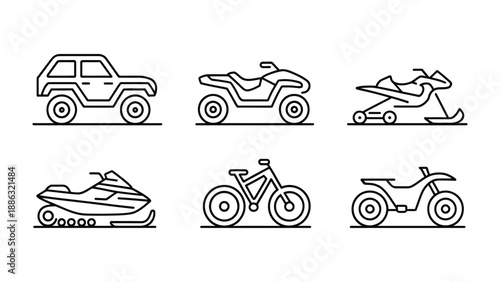 Vehicular Lineup: An array of off-road vehicles and transportation options, rendered in clean line art style, showcasing diverse modes of travel and adventure. 