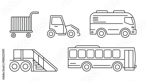 Array of Transport Vehicles: Streamlined illustrations showcase a variety of transport vehicles, from passenger buses to specialized airport equipment.