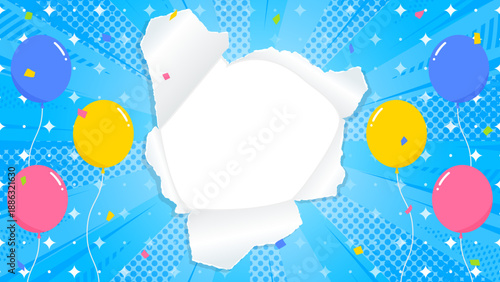 穴の空いた紙の背景フレーム、風船、紙吹雪、集中線、光のデコレーション、サンバースト、16:9サイズ
