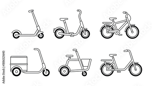 Electric Scooter and Bike Icons: A collection of electric scooter and bike icons presented in a clean, minimalist style. Perfect for mobility, transportation, or eco-friendly themes. 