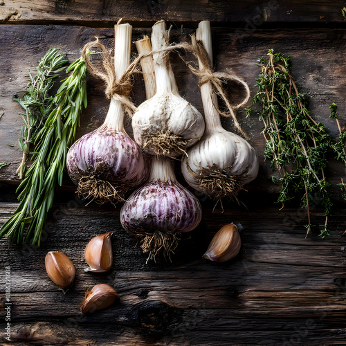 Rustic Garlic Bulbs with Fresh Herbs on Wooden Background