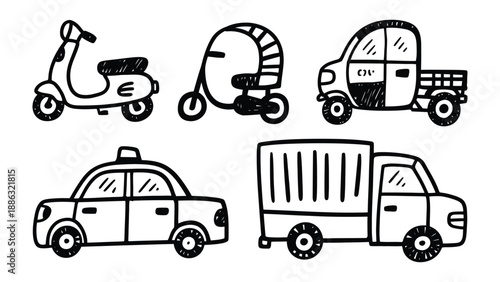 Drawn Transport Vehicles Collection: A simple illustration of a vehicle set, featuring a scooter, rickshaw, car, taxi and truck, perfectly depicts a diverse range of transportation methods. 