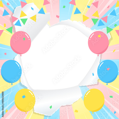 穴の空いた紙の背景フレーム、風船、紙吹雪、ガーランド、集中線のデコレーション、サンバースト、正方形サイズ