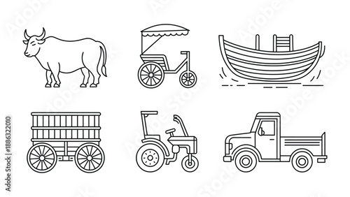 Farm Transportation Icons: A curated collection of line-drawn icons showcasing various modes of transportation essential to farm life and agricultural practices. 