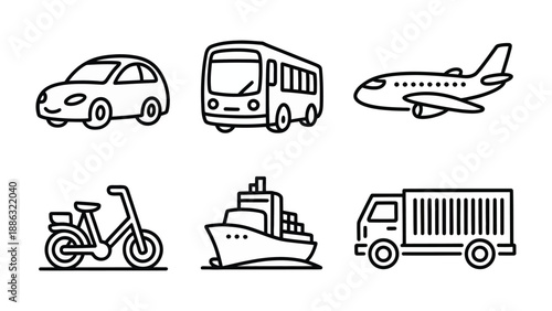 Transportation Icon Set: A collection of various vehicles, including a car, bus, airplane, bicycle, ship, and truck, each uniquely illustrated, ideal for use in design projects.