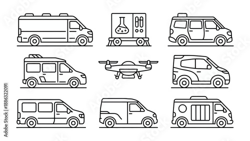 Vehicles Fleet and Drone: A collection of various vehicles and a drone, presented in a clean, modern design. Ideal for illustrating themes related to delivery, transport, and technology.