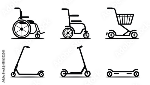 Mobility Aids: A collection of various mobility aids are shown, including wheelchairs and scooters, essential tools that empower individuals to navigate their environment with independence.
