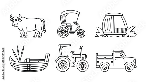 Line Drawing of Transportation and Farming: An illustrative collection of transportation and farming vehicles, presented in a clean and accessible line drawing.