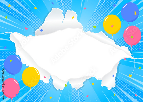 穴の空いた紙の背景フレーム、風船、紙吹雪、集中線のデコレーション、サンバースト