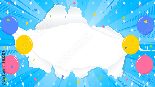 穴の空いた紙の背景フレーム、風船、紙吹雪、集中線、光のデコレーション、サンバースト、16:9サイズ