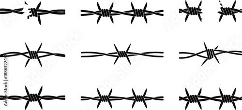 Collection of black barbed wire elements in various styles and lengths, ideal for security or boundary themes