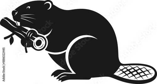 Black and white vector silhouette of a beaver holding a wood log, isolated on white background for logo design.