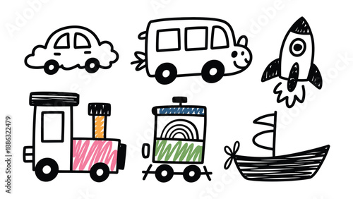 Childlike Transport Dreams: A cheerful arrangement of sketched vehicles, each with its unique charm and character. A delightful collection that sparks imagination.