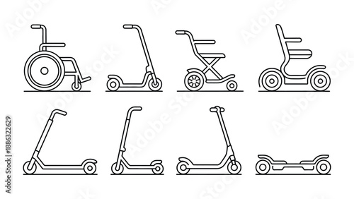 Mobility Solutions: A series of sleek line drawings showcases a variety of mobility aids, designed for independence and ease of movement, highlighting the evolution of personal transportation.