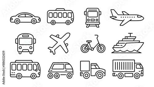 Transportation Icons: A collection of meticulously crafted transportation icons in a clean, minimalist style, showcasing various modes of transit, ideal for navigation. 