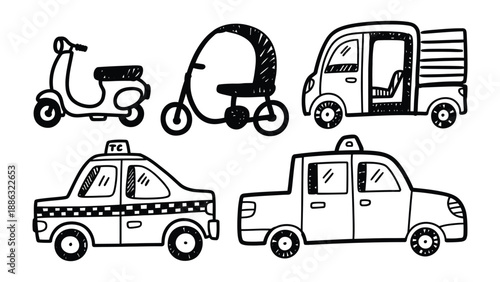 Transportation doodles: This artwork features five hand-drawn transportation illustrations, depicting a scooter, a rickshaw, a van, a taxi, and a pickup truck.
