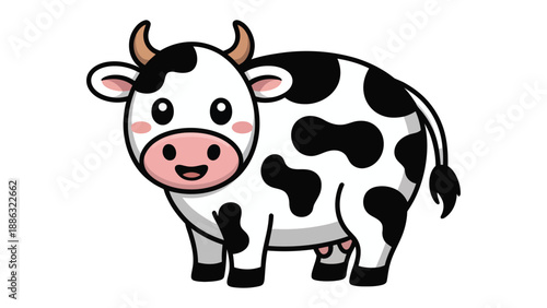 Cute Cow Illustration: A charming cartoon cow with a cheerful expression and a pattern of black spots on its white coat.