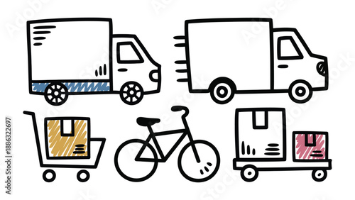 Delivery Icons: Streamlined black and white illustrations of various transportation methods. Each represents the fast and efficient logistics for deliveries