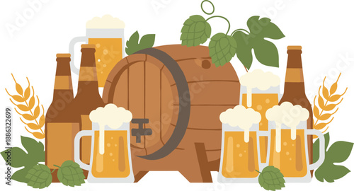 Beer Brewery Illustration Featuring Wooden Barrel, Beer Bottles, Hops, Wheat, and Frothy Beer Mugs in Flat Vector Style