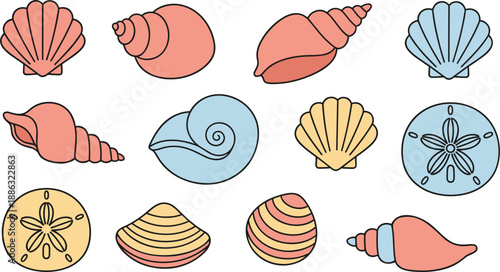 Colorful Seashell and Sand Dollar Illustration Set Featuring Beach and Ocean Elements in Flat Vector Style