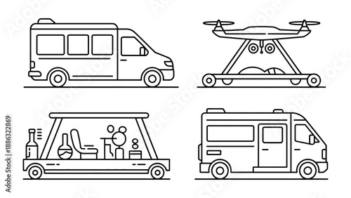 Vehicles and Drone: Clean lines outline four distinct vehicles, including a van, a drone, and a specialized transport, offering a glimpse into modern transportation solutions.