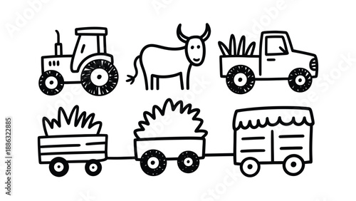 Farm Life Illustration: A charming, whimsical illustration depicts the essential elements of rural farm life. A tractor, a cow, a truck.