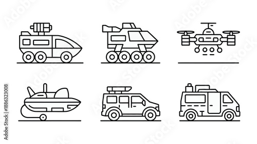 Innovative Transportation Icons: Showcasing a collection of diverse transportation icons, from futuristic rovers to modern drones. A visual celebration of movement and the future of transport.