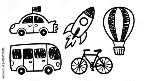 Vehicular Fantasy: A whimsical collection of transportation doodles, including a car, rocket, hot air balloon, bus, and bicycle, suggesting journeys and adventure. 