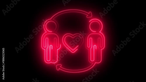 Neon glowing two man with heart shapes representing love red color black background