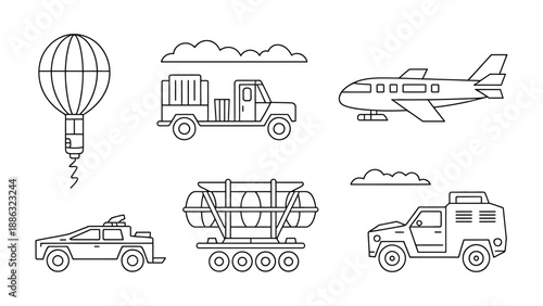 Vehicular Variety: A collection of various modes of transportation in monochromatic illustration.