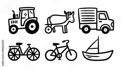 Diverse Transport Icons: A collection of simple, black and white line art illustrations depicting various modes of transport. 