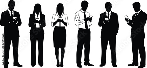 Black silhouettes of diverse professional business people in formal suits using smartphones for mobile communication and digital networking isolated white