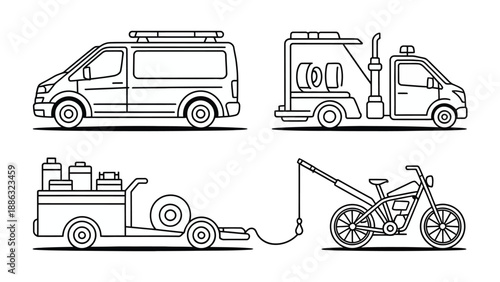 Vehicular Ensemble: A collection of various vehicles, including a van, tow truck, trailer, and motorcycle, showcasing their unique designs and functionalities, each rendered in a clean.