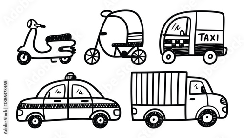 Diverse Transport Doodle: A playful collection of sketched transportation vehicles, each one representing a different way to move, from the swift scooter to the sturdy truck, all in a delightful.