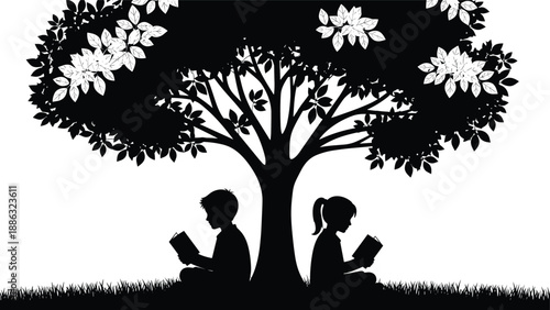 Children reading books under tree, education and learning concept, black silhouette illustration, nature background, school kids study scene