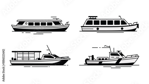 Naval Array: a dynamic montage of boats, each an emblem of nautical adventure and exploration, carefully drawn with simple lines, suitable for any creative design.
