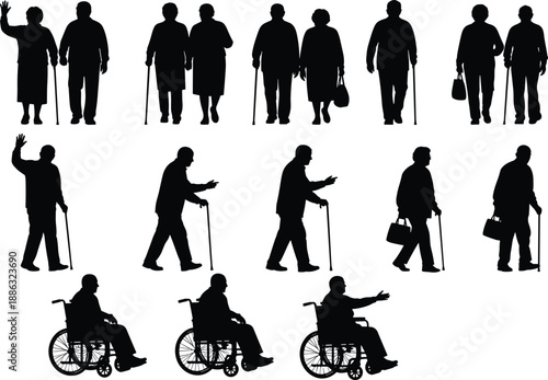 Elderly people silhouettes set, seniors walking with cane and wheelchair, aging and healthcare lifestyle concept, black vector illustration