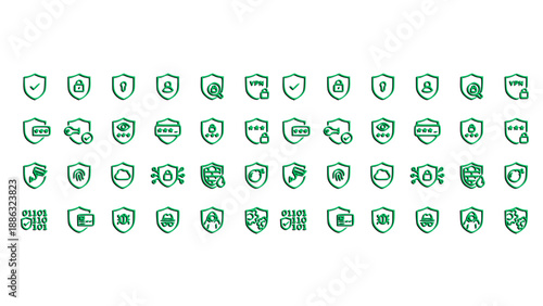 Green outline icons representing security, protection, privacy, and safety concepts. Suitable for cybersecurity, insurance, and system protection designs.