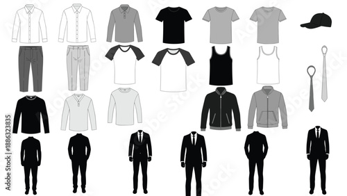 Men clothing collection, casual and formal outfit set, shirts, t shirts, pants, jackets and ties, black and white vector illustration